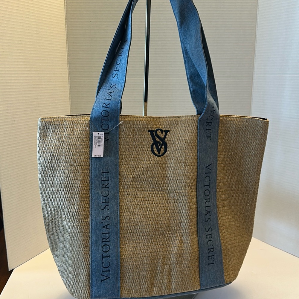 Victoria's Secret Tan and Blue Tote Bag
